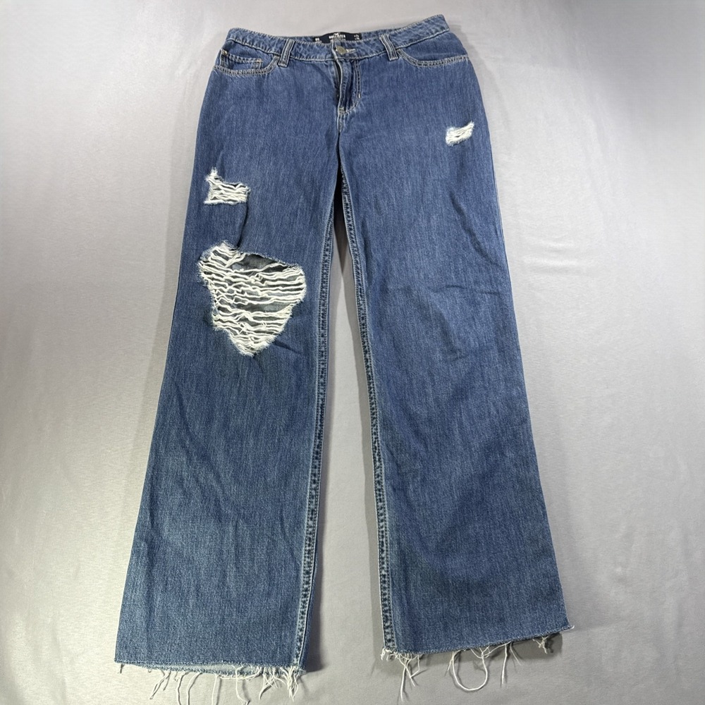 Hollister Wide Leg Jeans Womens 26 Medium Wash Distressed Raw Hem Y2K Skater